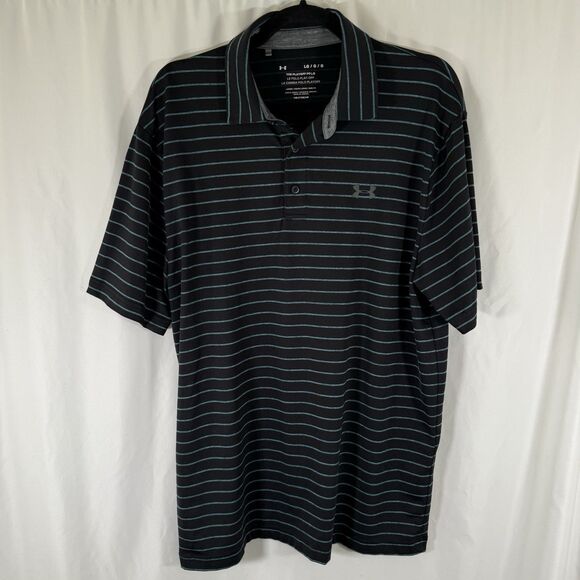 Under Armour Playoff Polo Men's Large Black Striped Short Sleeve Heat Gear - Picture 1 of 10